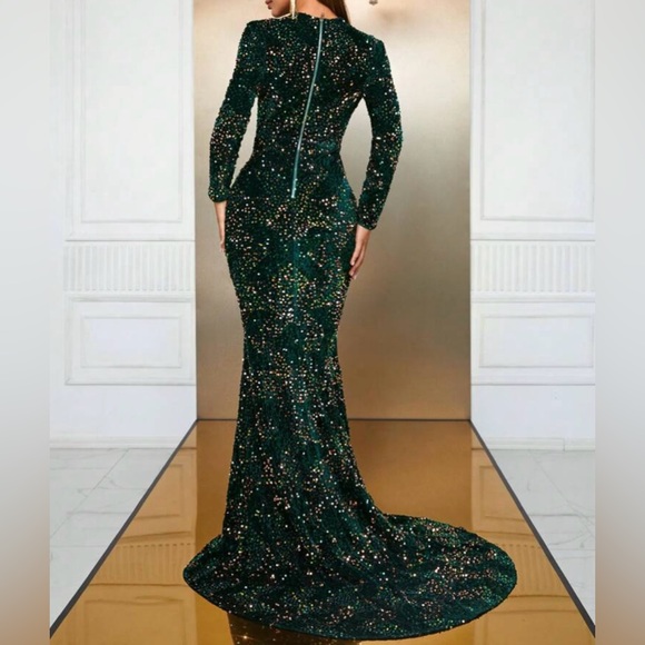 Luxe Sequin Holiday Formal Party Evening Wedding Prom Mermaid Maxi Dress Green - Picture 4 of 7